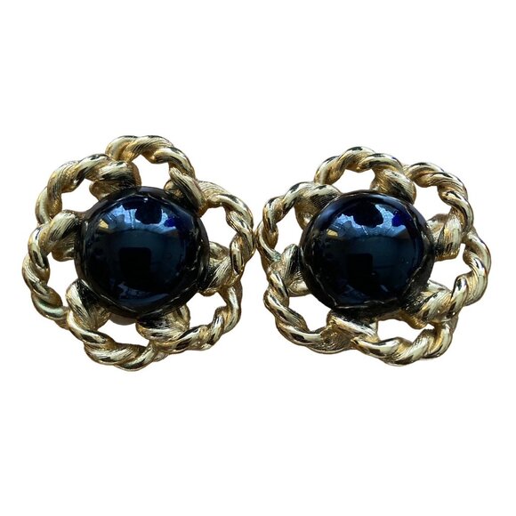 Vintage Givenchy Clip On Earrings Black Gold Round Designer Signed Statement - Picture 10 of 10